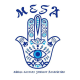 MESA over a white and blue hand covered in henna decorations, including an eye