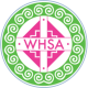 WHSA in a broken red square surrounded by green swirls