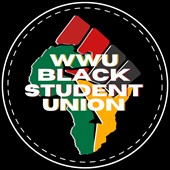 Black Student Union badge, with text over a green, yellow and red rendition of Africa altered to resemble a fist