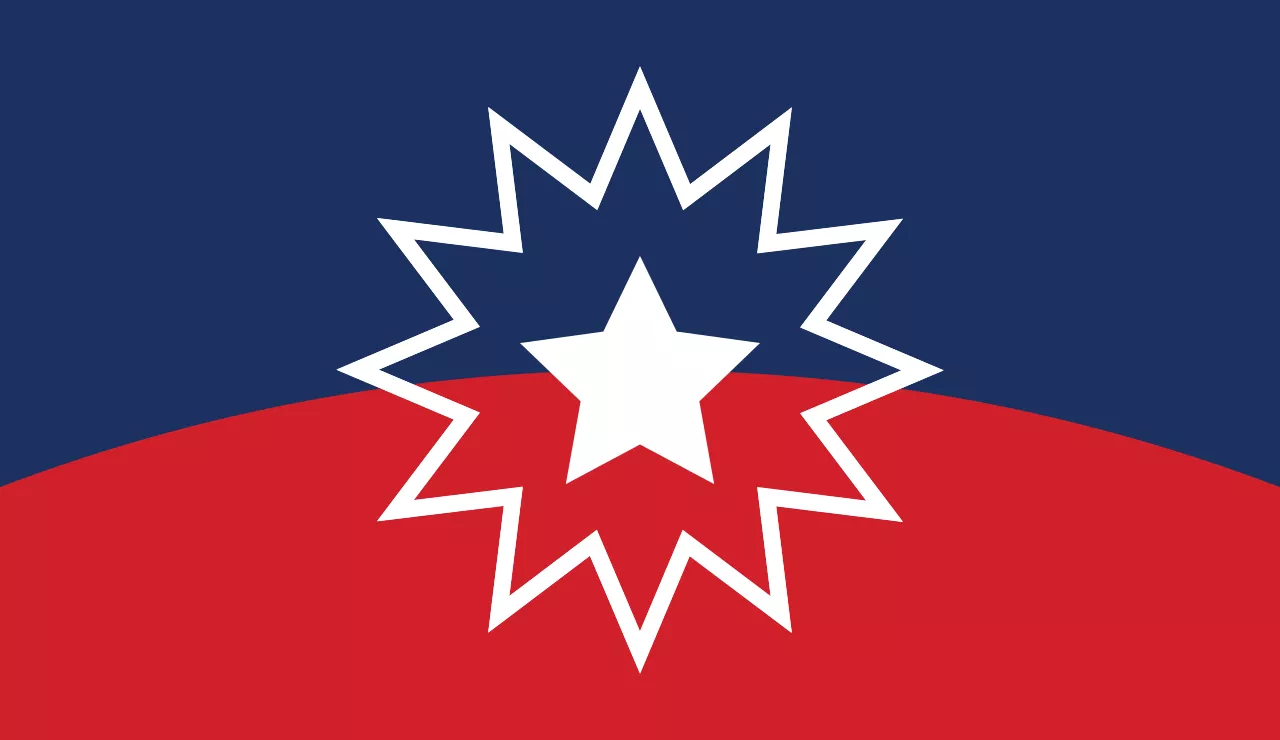 Juneteenth flag, a solid white five pointed star inside a twelve pointed outline star over a curved field of blue and red