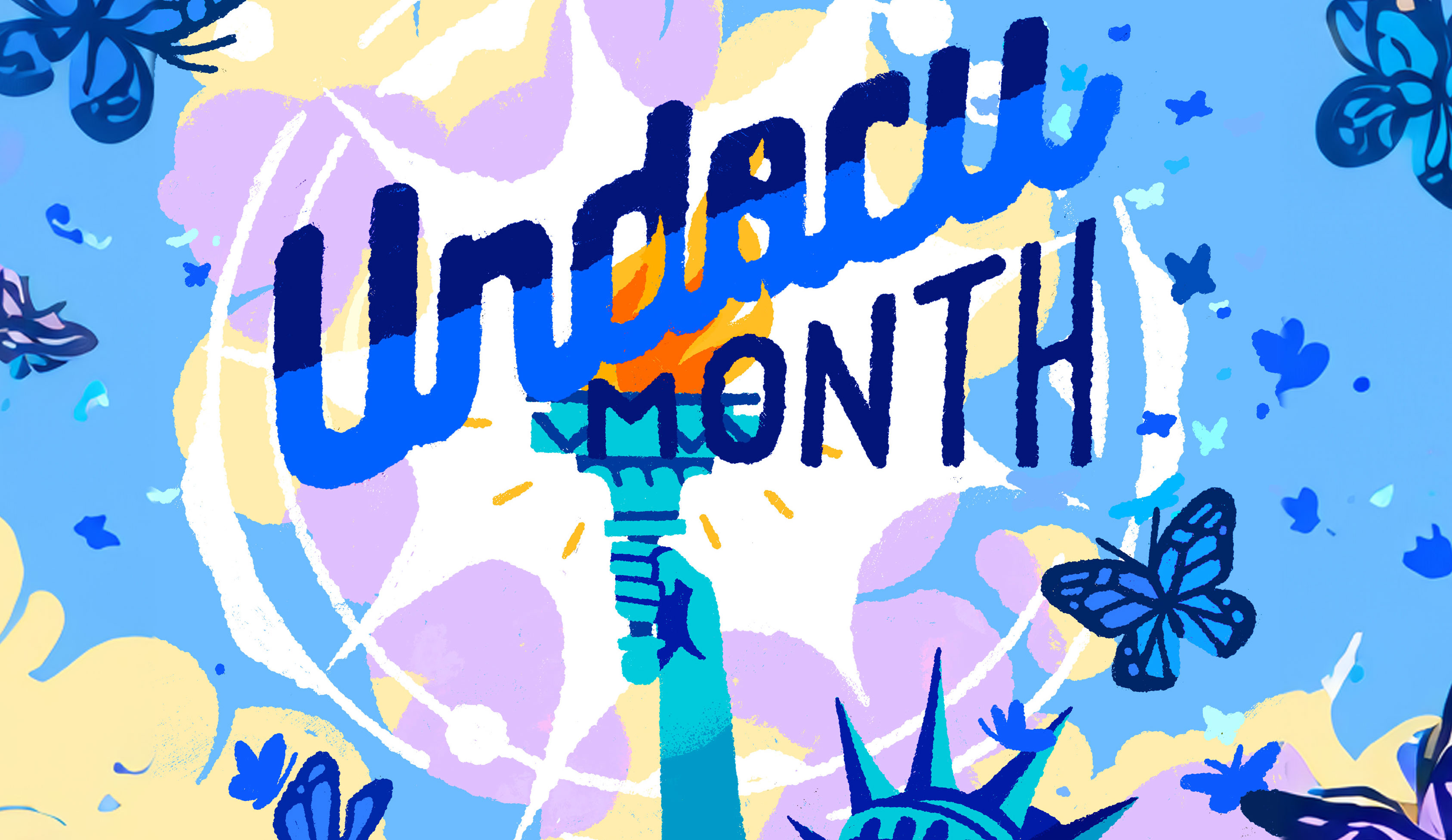 decorative UndocuMonth banner with butterflies and the statue of liberty's torch on a light blue background.