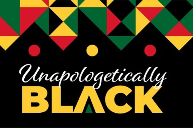 'Unapologetically Black' event title, decorated with triangles in red, yellow, and green