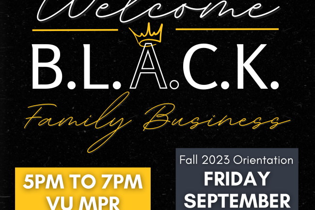 Welcome to Black banner, which features white and yellow cursive and sans-serif text on a plain black background, with the "A" in black wearing a crown